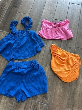 Bright Color Block Summer Bundle -Blue set, pink top & Orange top